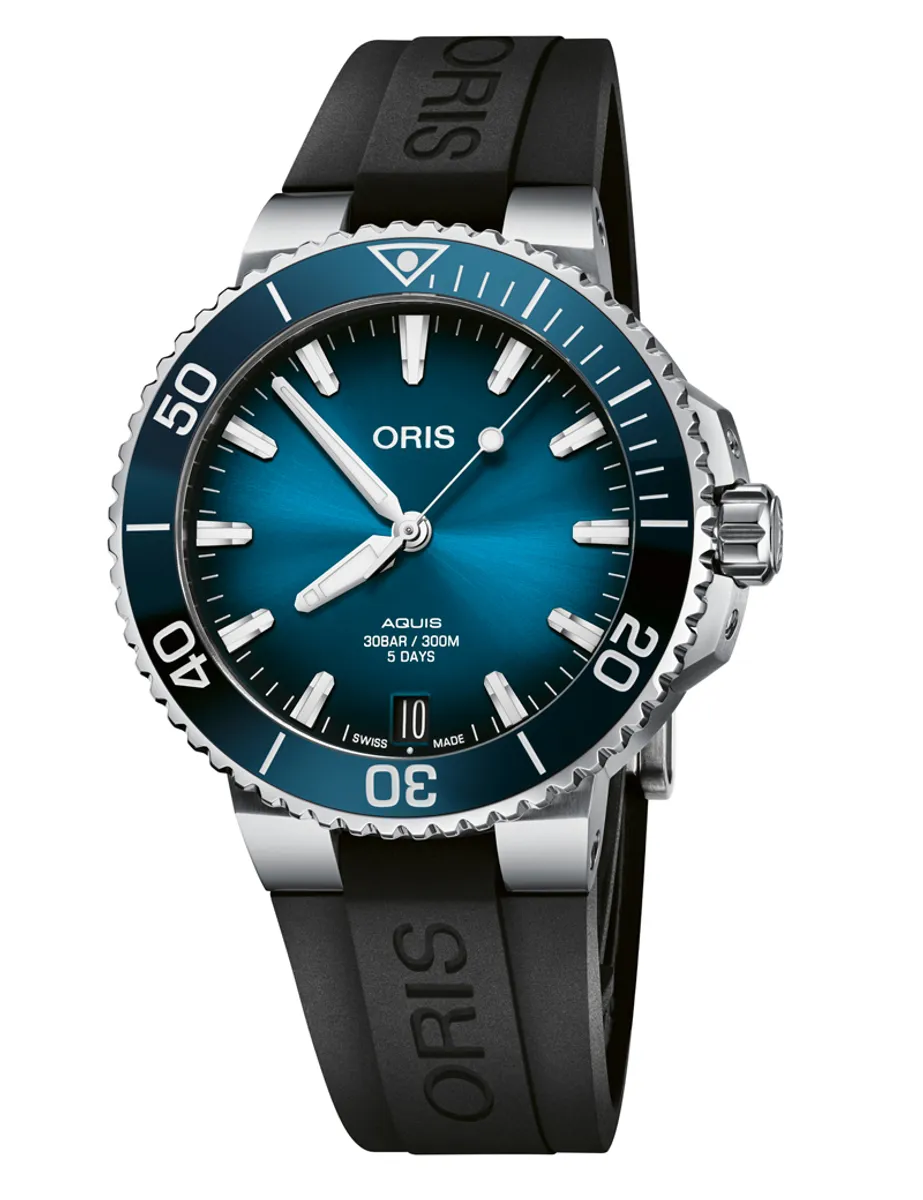 Oris Aquis Date armbåndsur, blå urskive med sort gummirem, Cal. 400