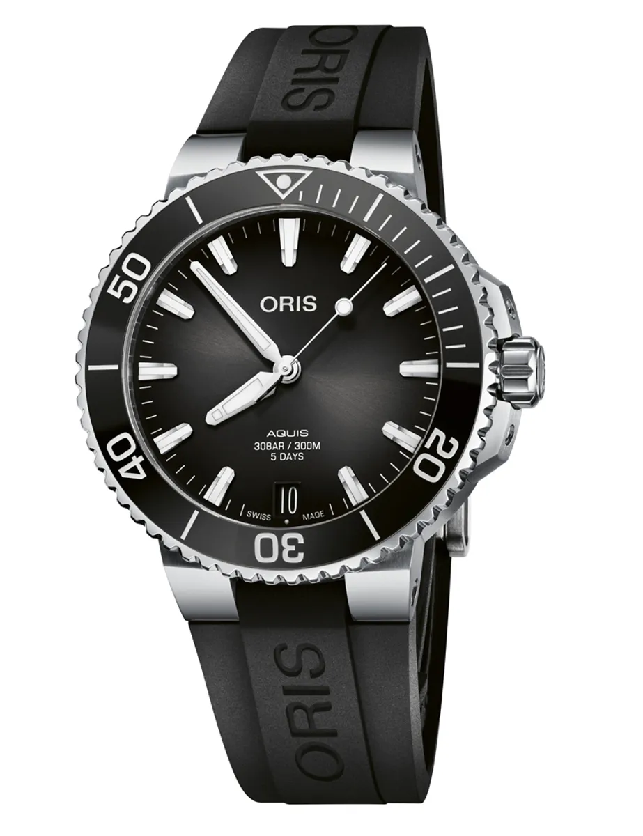 Oris Aquis Date armbåndsur, sort urskive med gummirem, Cal. 400