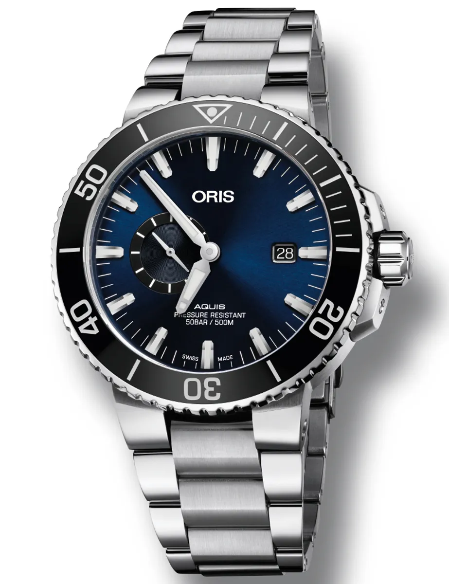 ORIS AQUIS SMALL SECOND DATE automatik armbåndsur med deep blue skive med lænke