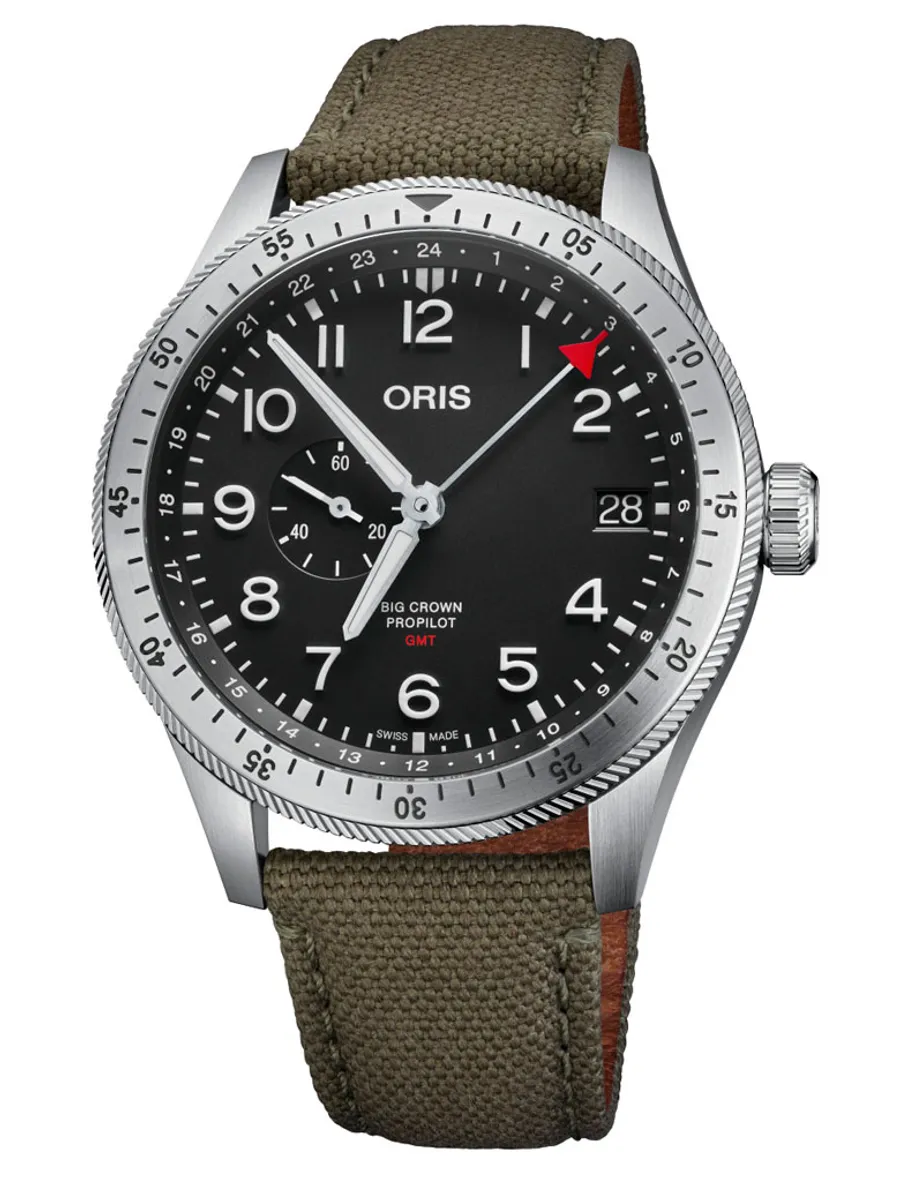 ORIS Big Crown Pro Pilot Timer GMT armbåndsur, sort skive med grøn rem -44mm