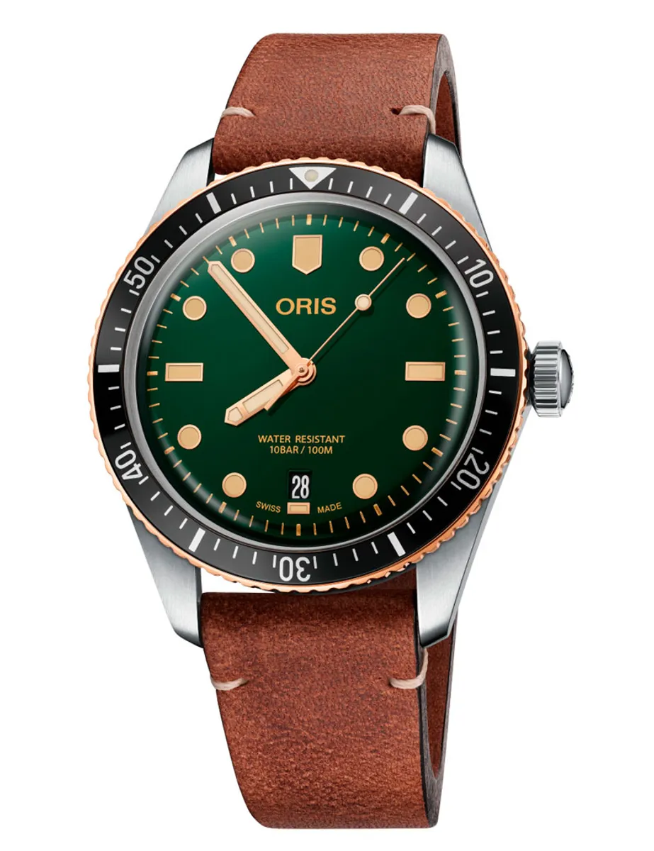 ORIS Divers Herritage 65 Bronze armbåndsur med grøn skive og brun læderrem - 40mm