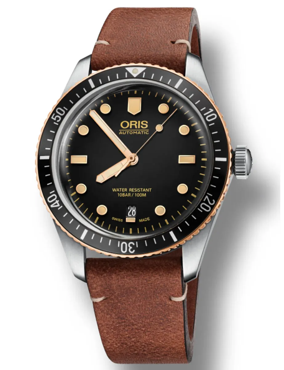 ORIS Divers Herritage 65 Bronze ur med sort skive med brun læderrem - 40mm