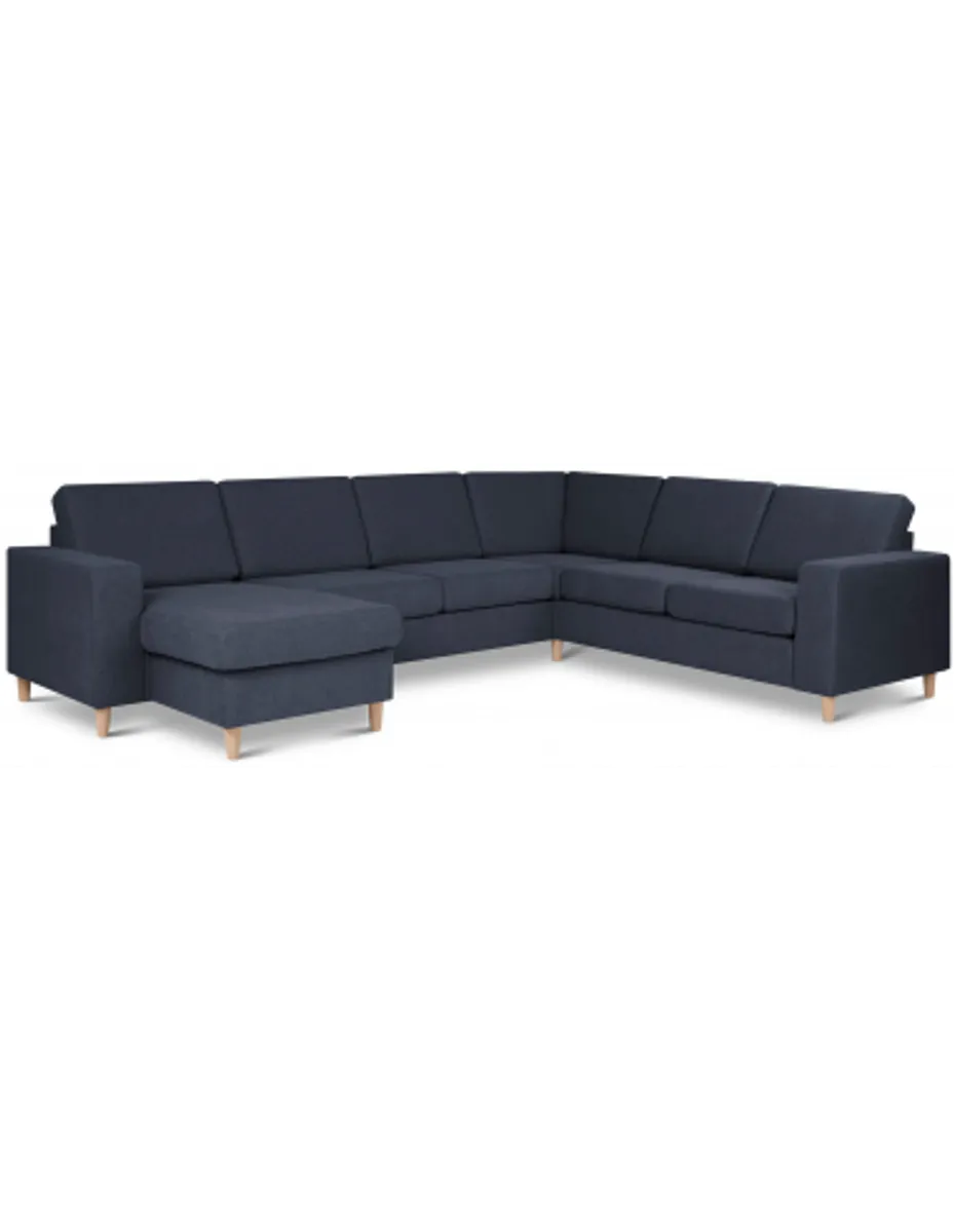 Panset hjørnesofa med chaiselong i polyester B295 x D230 cm - Natur/Blå