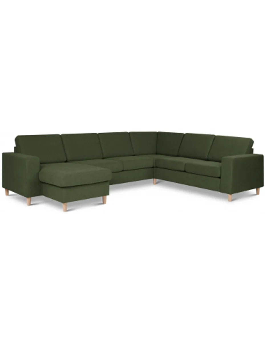 Panset hjørnesofa med chaiselong i polyester B295 x D230 cm - Natur/Mosgrøn