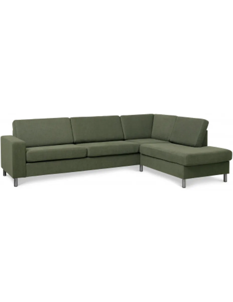 Panset højrevendt chaiselongsofa i polyester B279 x D197 cm - Børstet alugrå/Mosgrøn