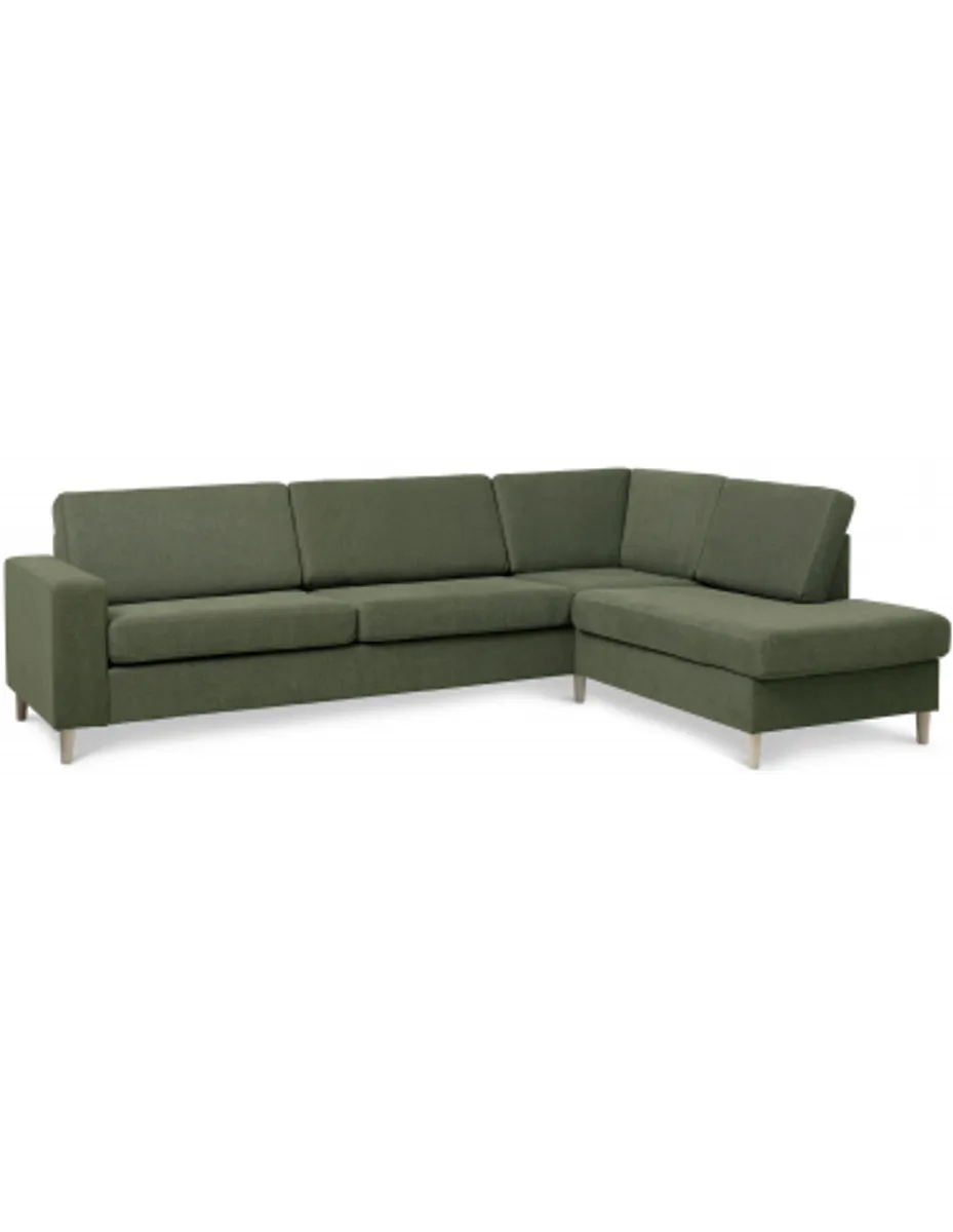 Panset højrevendt chaiselongsofa i polyester B279 x D197 cm - Natur/Mosgrøn