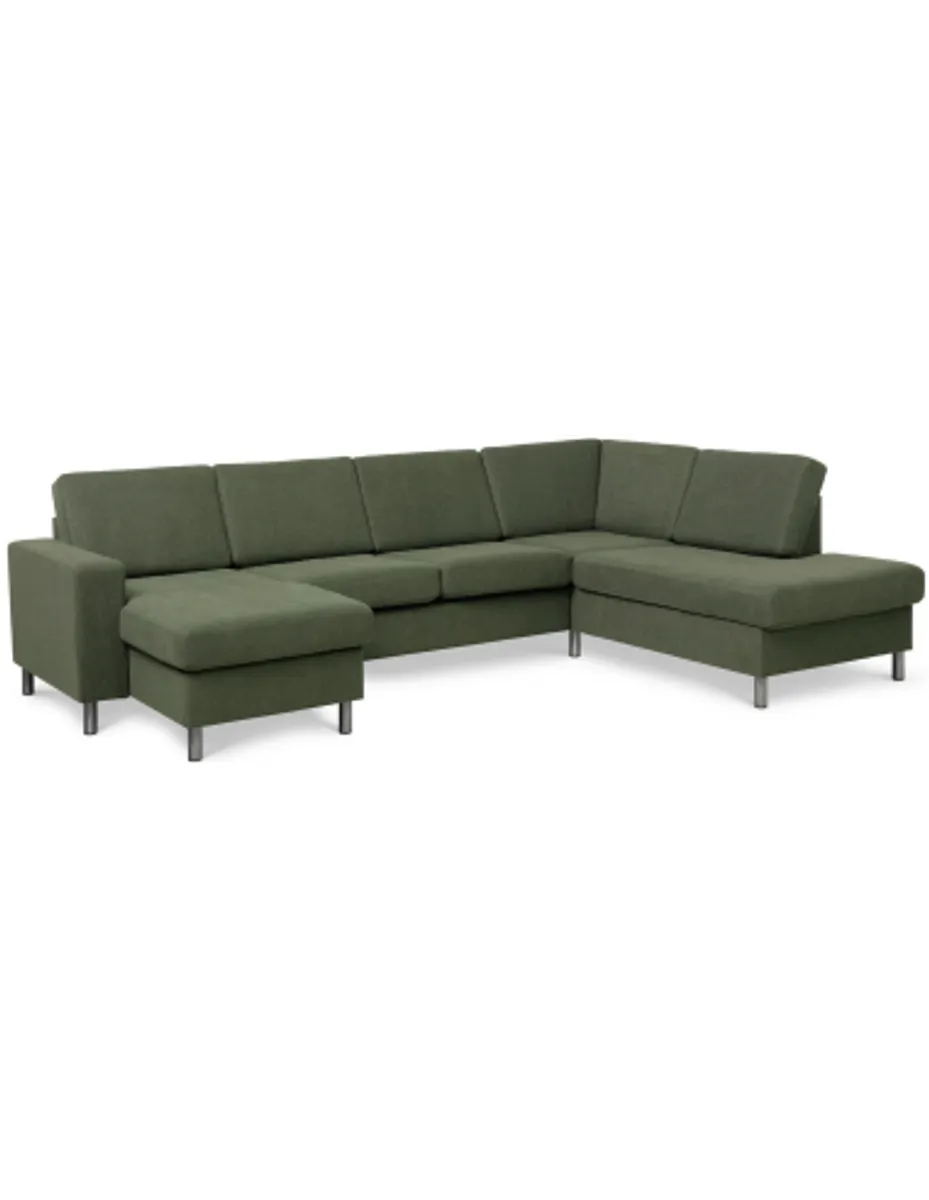 Panset U-sofa i polyester B295 x D197 cm - Børstet alugrå/Mosgrøn