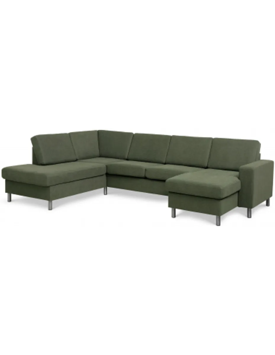 Panset U-sofa i polyester B295 x D197 cm - Børstet alugrå/Mosgrøn