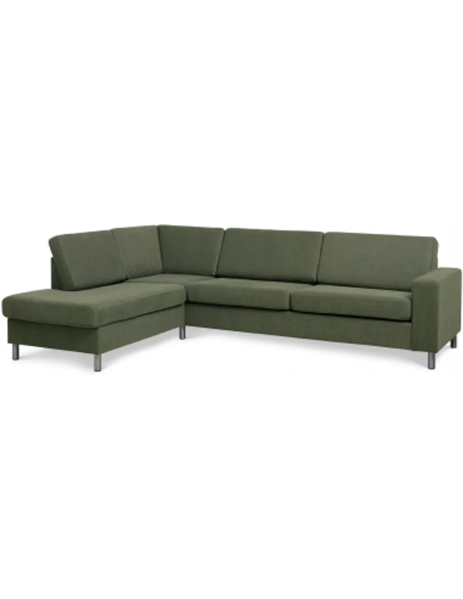 Panset venstrevendt chaiselongsofa i polyester B279 x D197 cm - Børstet alugrå/Mosgrøn