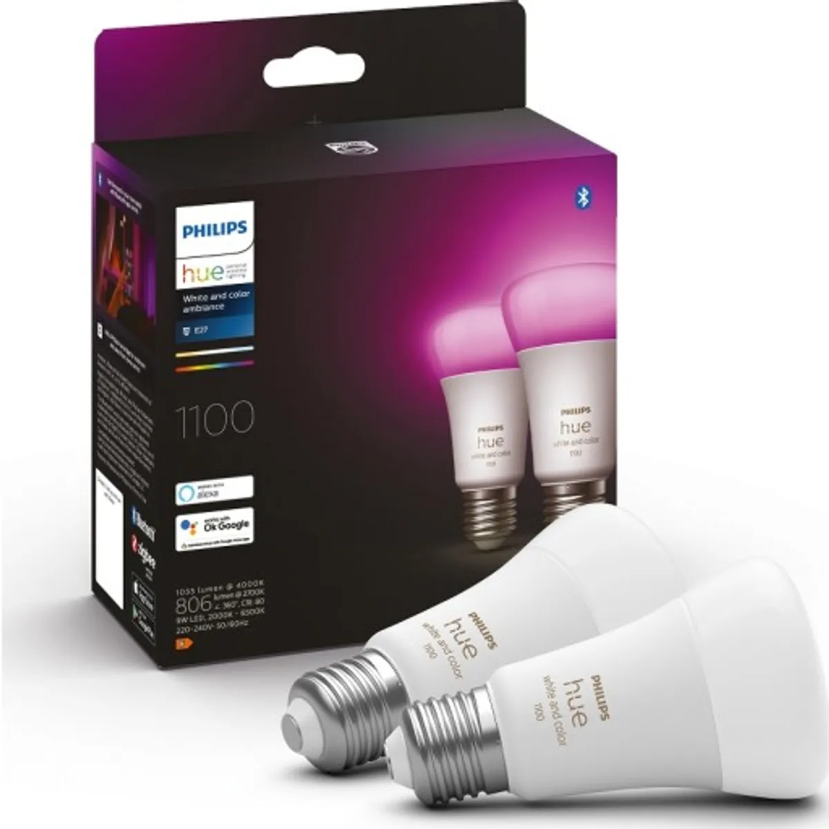 Philips Hue White Color Ambiance E27 standardpære, 2-pak, 9W