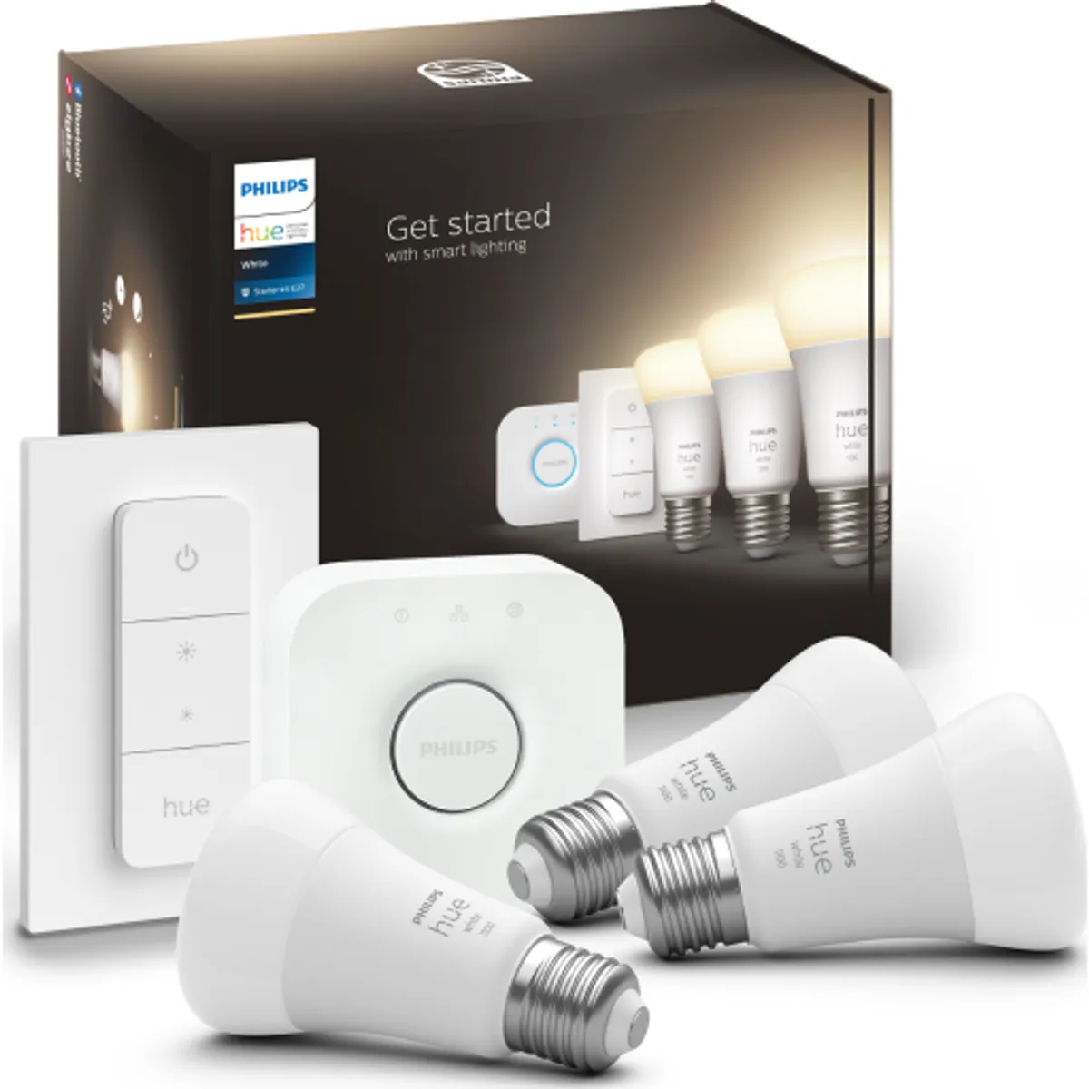 Philips Hue White E27 standardpære, starter kit med fjernbetjening