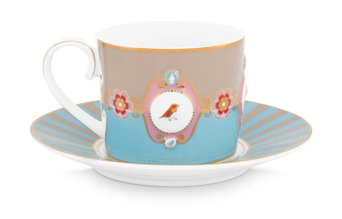 Pip Studio porcelæn Love Birds Medallion kop M/underkop blå/khaki 200 ml