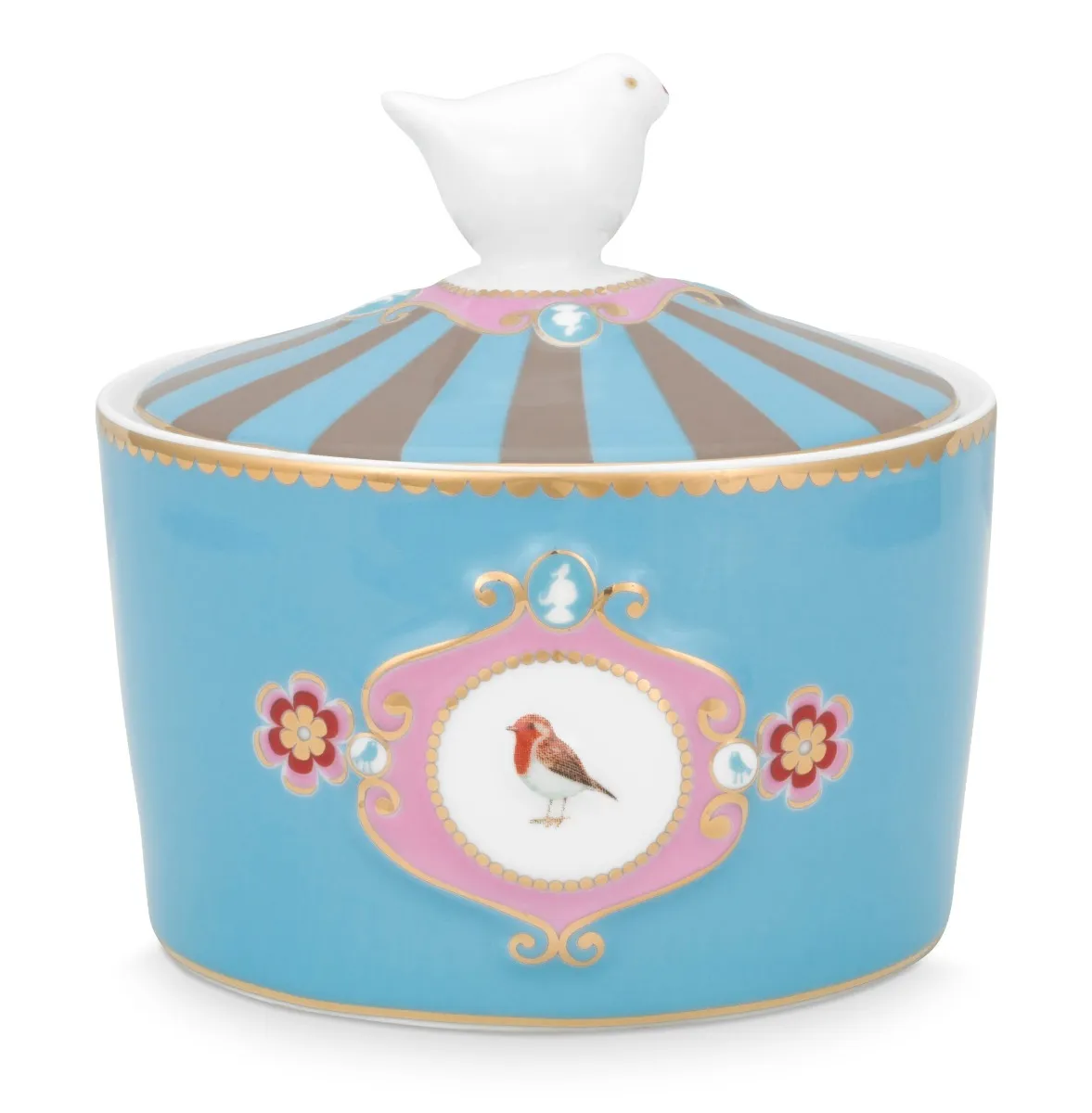 Pip Studio porcelæn Love Birds Medallion sukkerskål M/låg khaki/blå - 300 ml