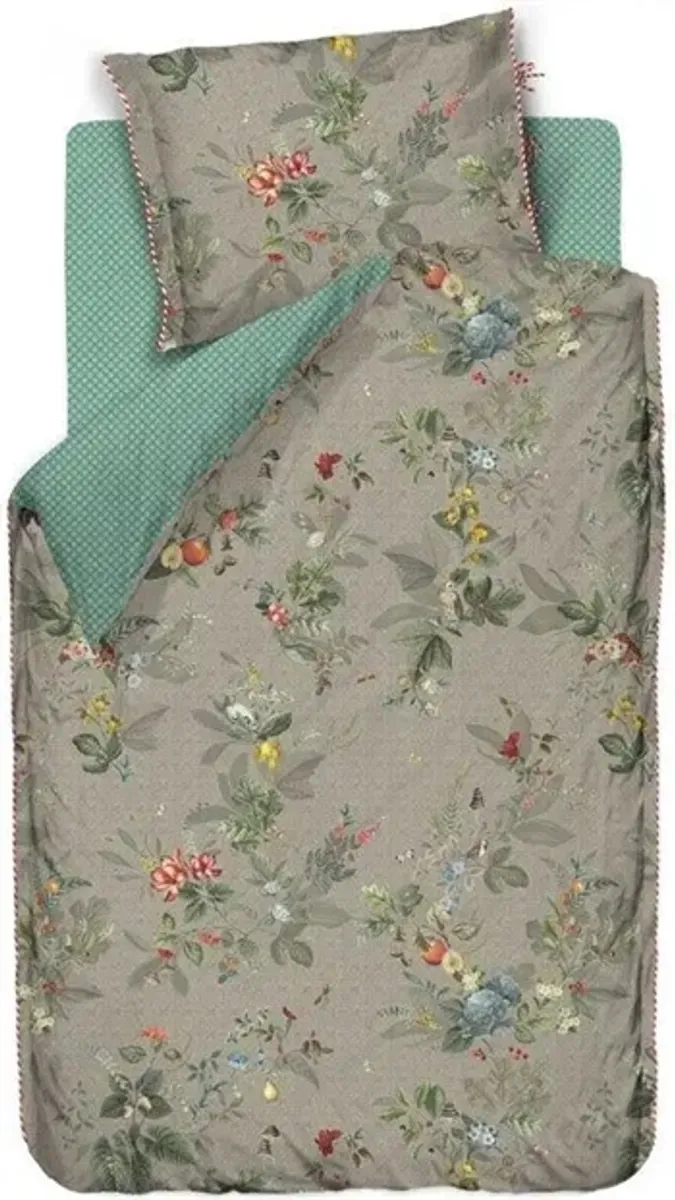 Pip Studio sengetøj - 140x220 cm - Leaf khaki grøn - Blomstret sengetøj - Vendbar dynebetræk i 100% bomuld