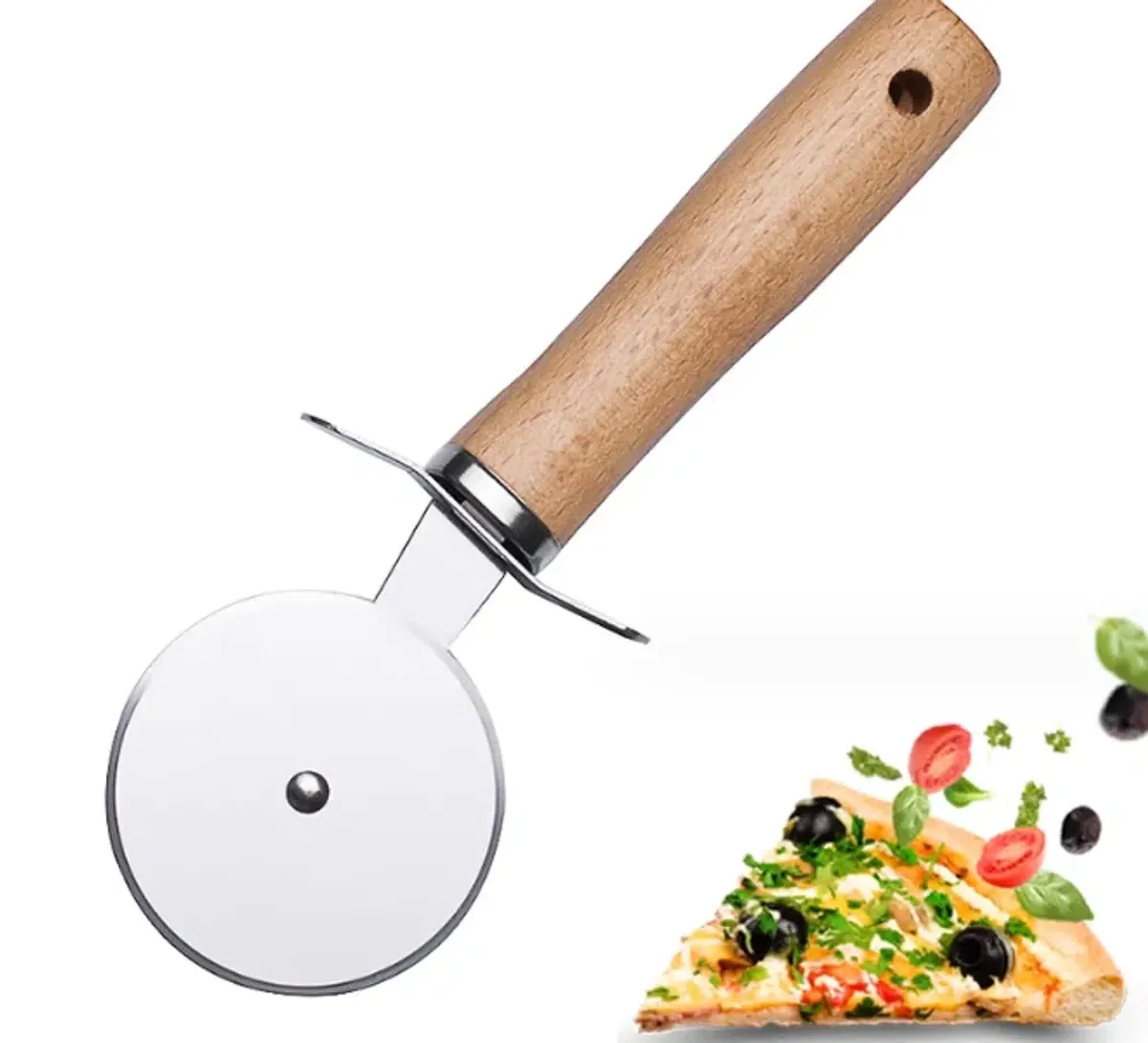 Pizzakniv, rustfrit stål med træ håndtag, rundt skærehjul til at skære pizza