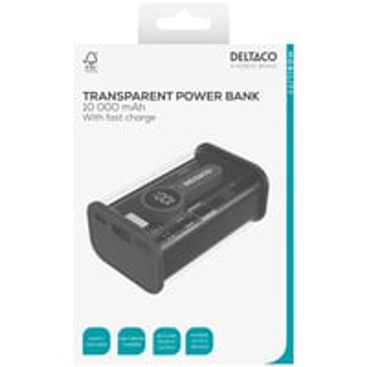 Power bank 10 000 mAh, transparent, 1x USB-A, 1x USB-C