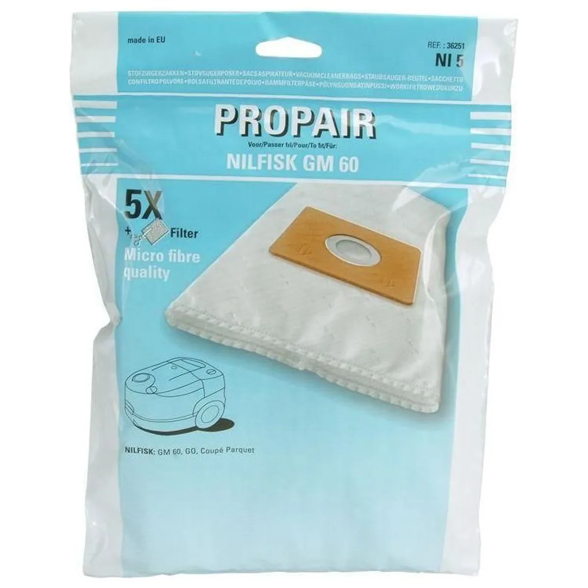 Propair støvsugerposer Nilfisk Go/Coupe/One 5 stk microfiber 1 stk microfilter