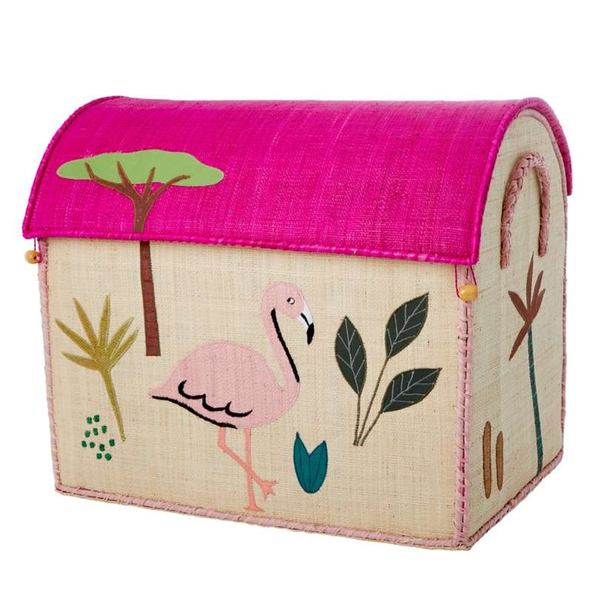 RICE Raffia Opbevaringshus - Jungle Animals - Pink - Stor