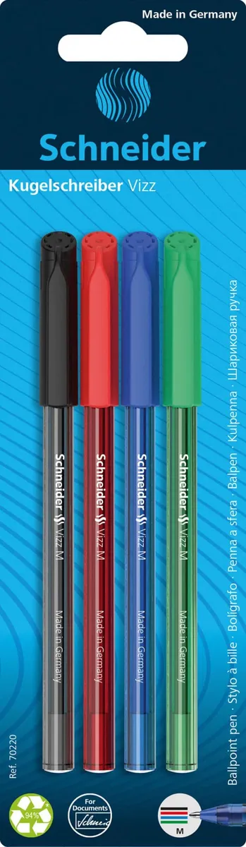 Rollerball pen SCHNEIDER VIZZ, M, 4 stk., blisterpakke, farvemix 10 PA