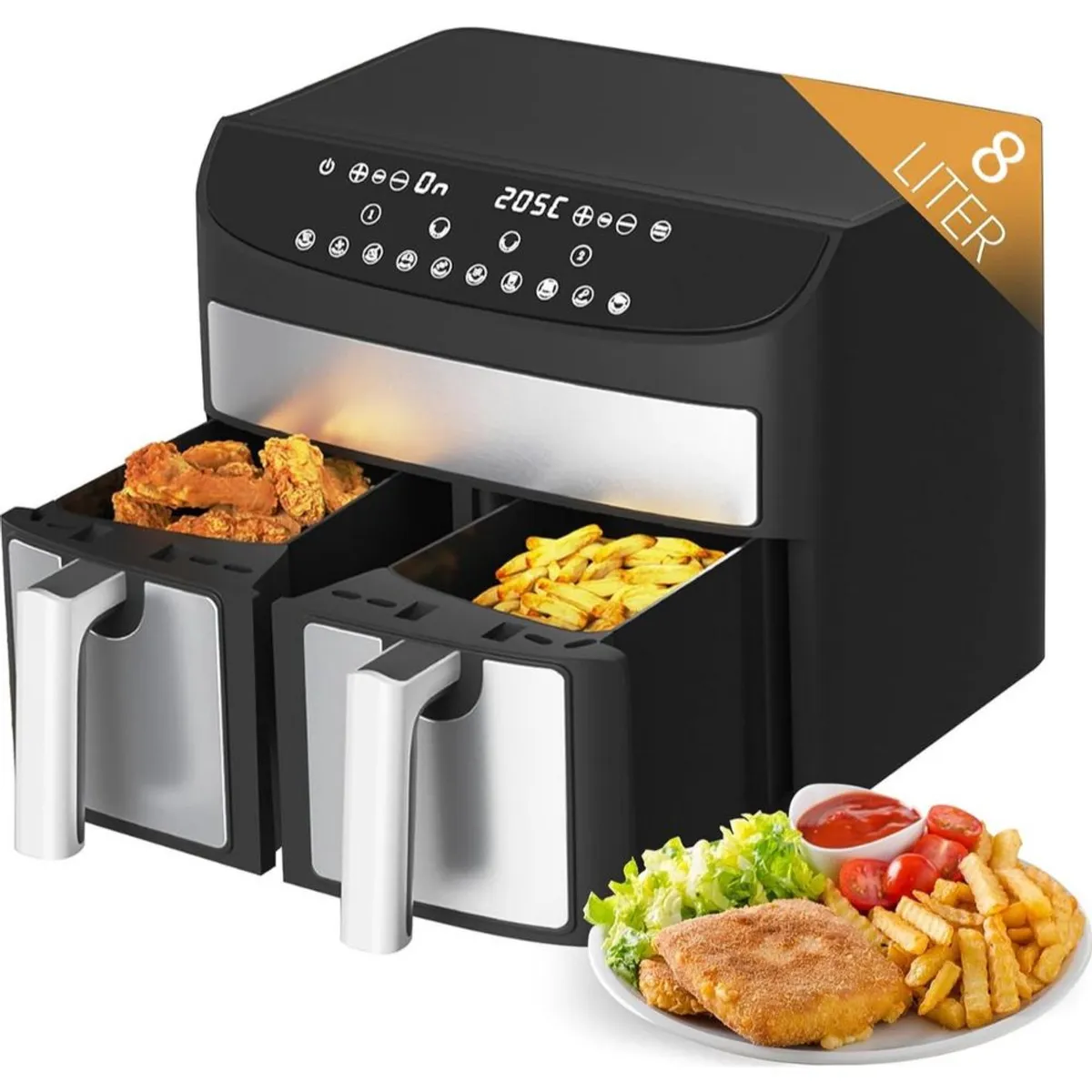 Royalty Line Dobbelt Airfryer 2x 3.8L / 2400W - 65â°C - 230â°C - Med timer