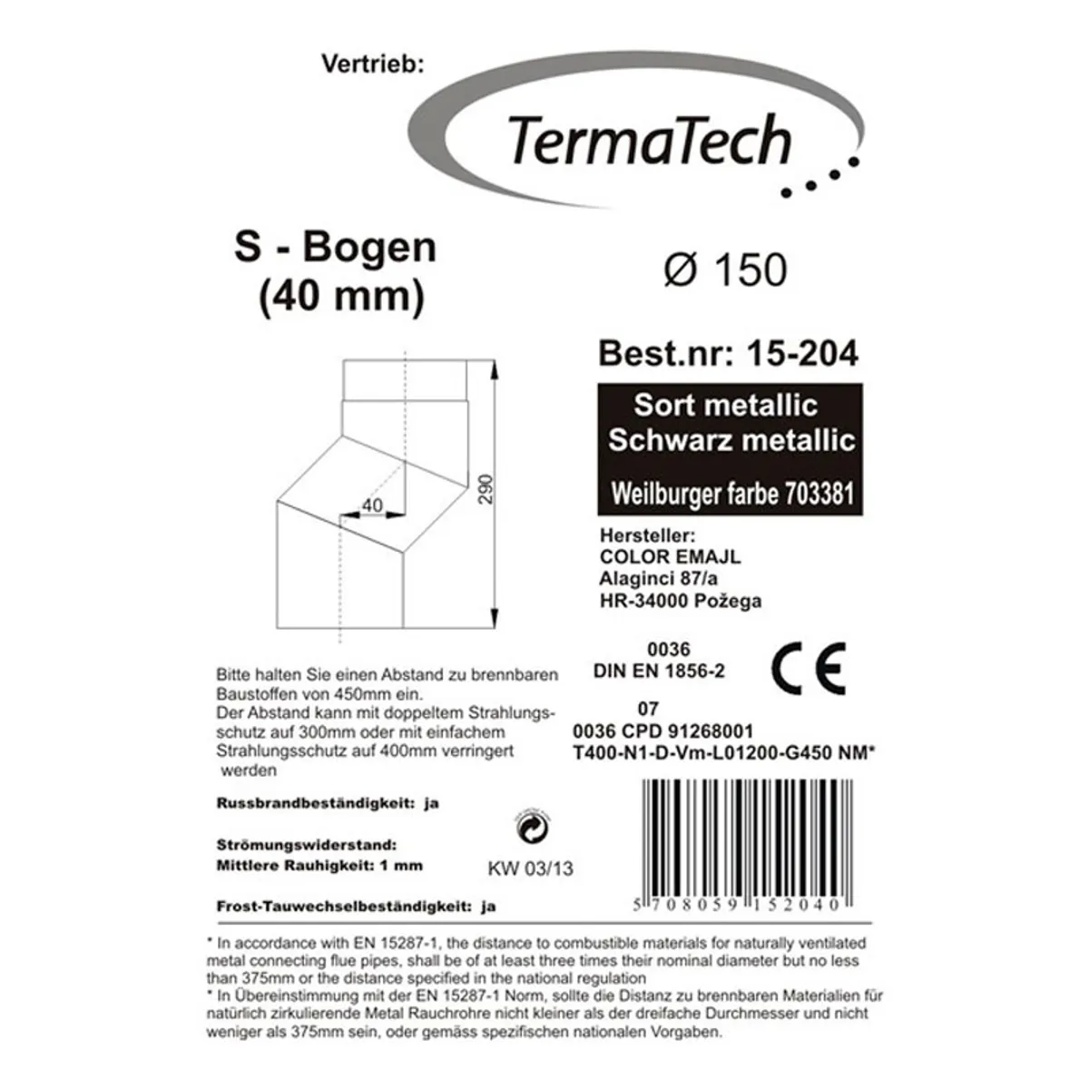 S-Bøjning Forskyder 20-80 mm Ø150 mm - Sort - 40 mm