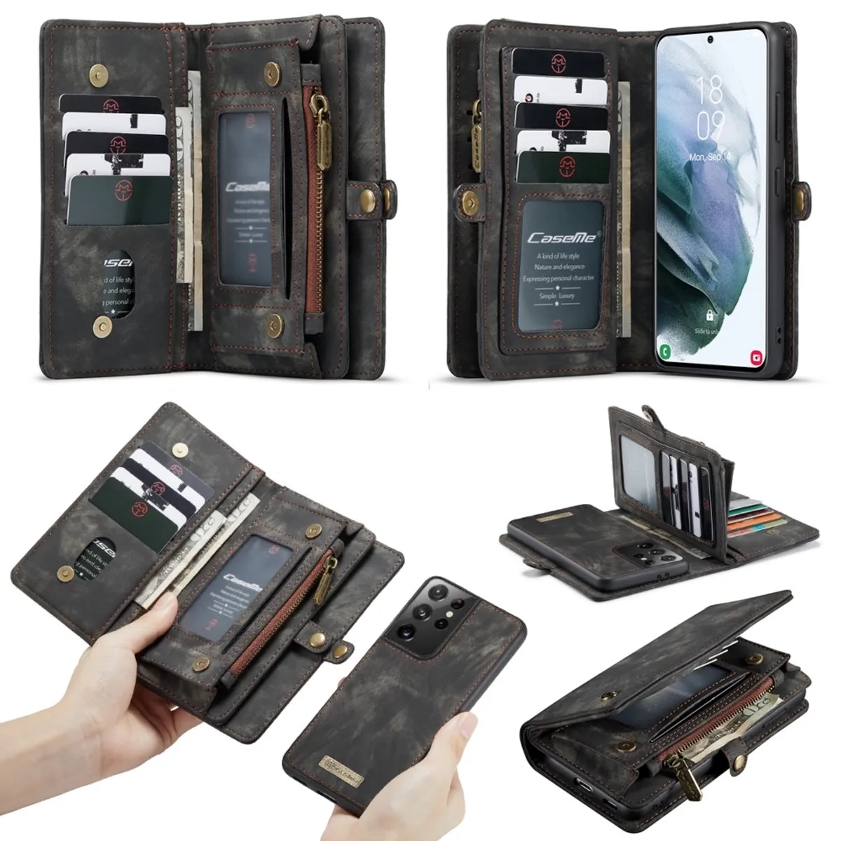 Samsung Galaxy S21 Ultra 5G - CASEME 2-i-1 ægte læder pung / cover - Aftagelig indvendig holder - Sort