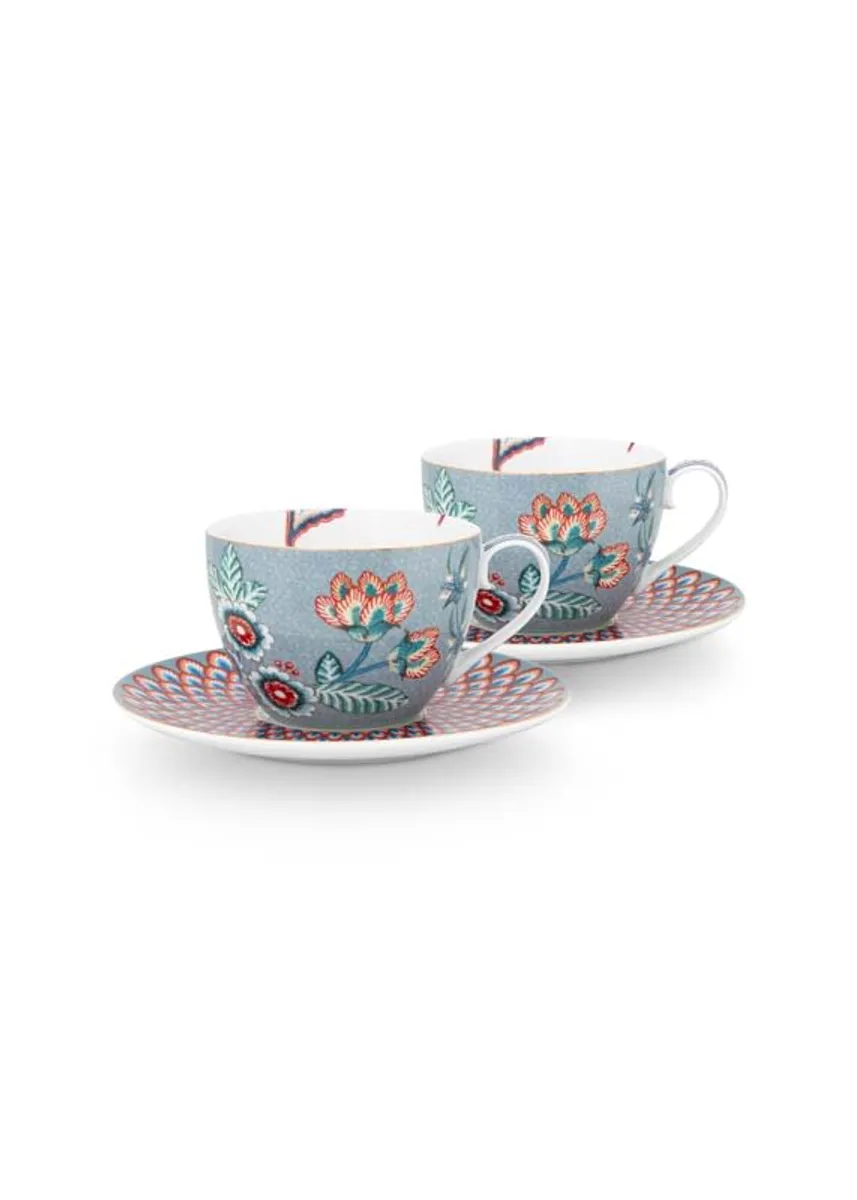 Set/2 Cups & Saucers Flower Festival Light Blue 280ml