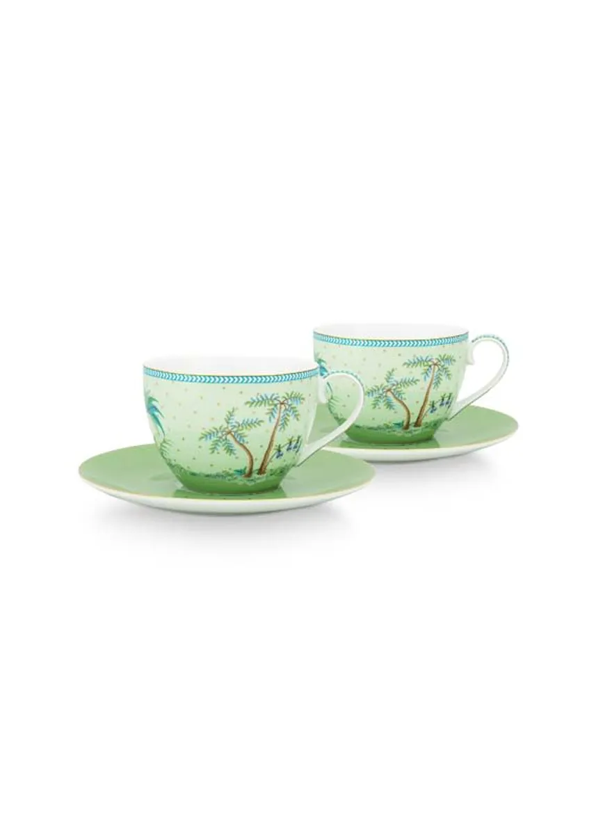 Set/2 Cups & Saucers Jolie Gold Dots Green 280ml