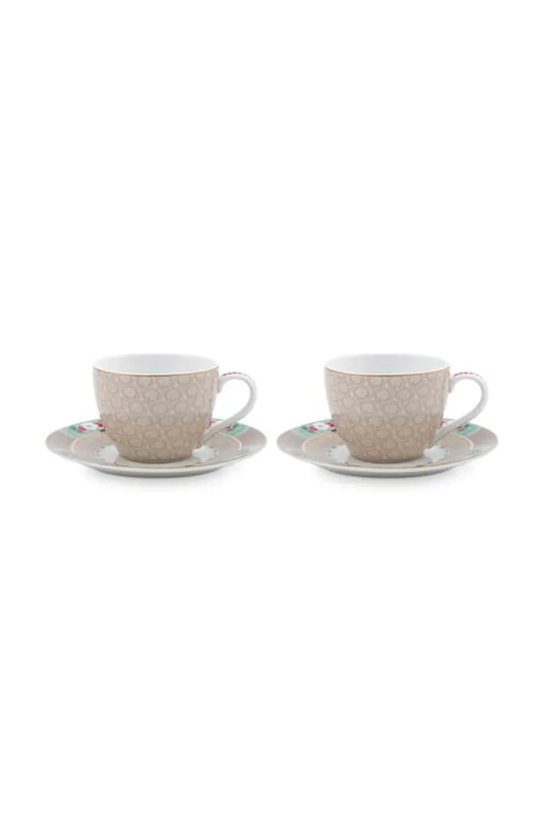 Set/2 Espresso Cups & Saucers Blushing Birds Khaki 120ml