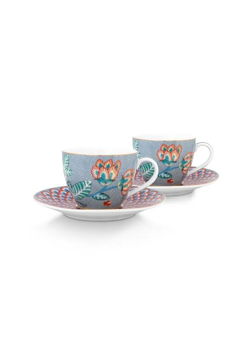 Set/2 Espresso Cups & Saucers Flower Festival Light Blue 120