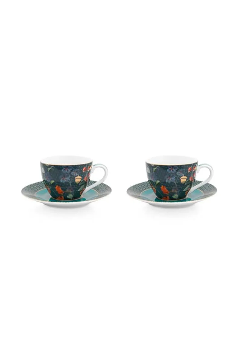 Set/2 Espresso Cups & Saucers Winter Wonderland Overall Dark