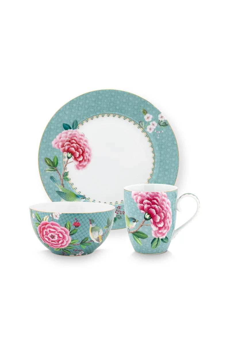 Set/3 Breakfast Set Blushing Birds Blue