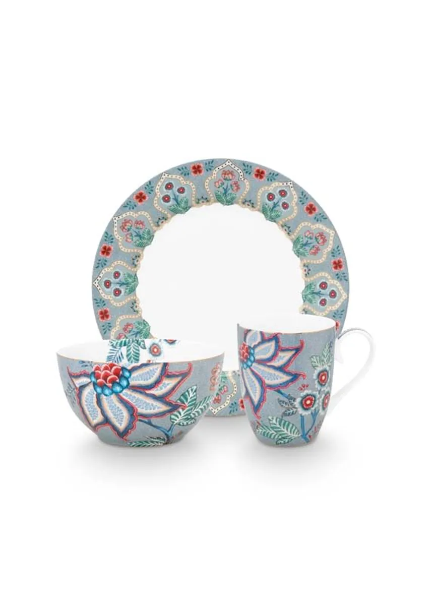 Set/3 Breakfast Set Flower Festival Light Blue