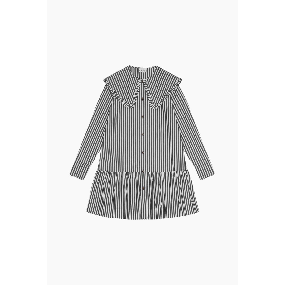 Stripe Cotton Big Collar Mini Shirt Dress W0098 - Black - GANNI - Stribet M