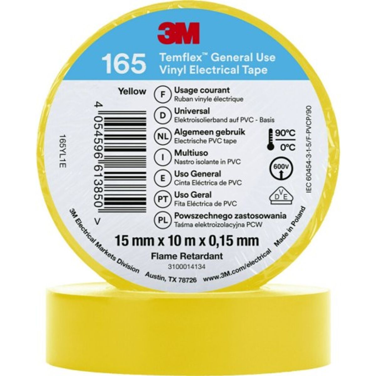 Temflex EL Vinyltape 165 15 mm x 10 m, gul