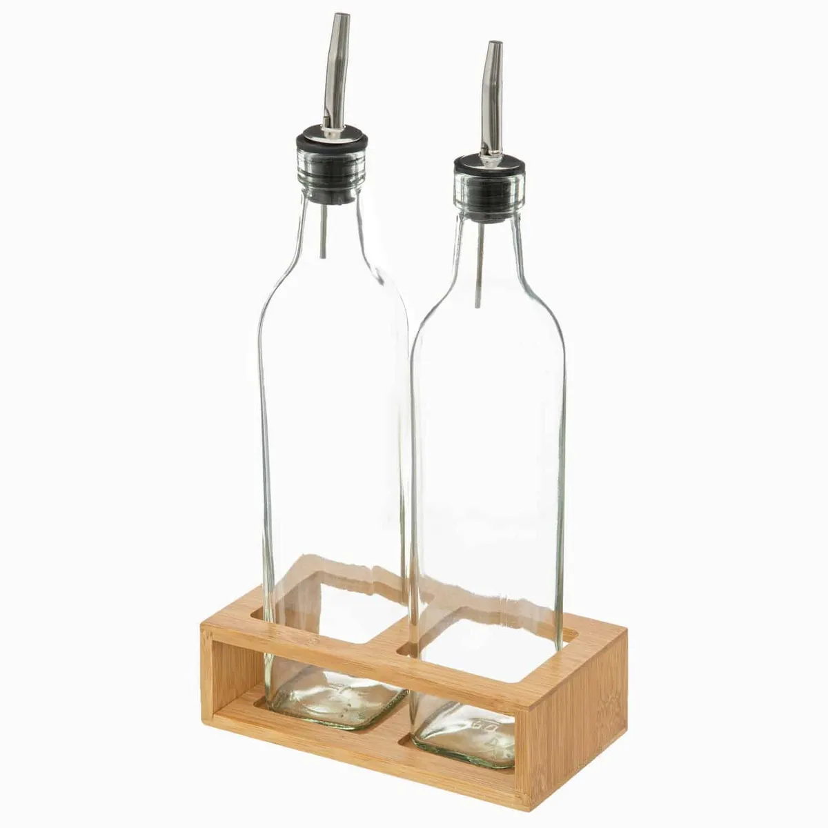 Terese - Olieflaske med hældetud og holder i bambus (2 stk.) - Transparent - 16,1cm x 9,3cm x 33cm