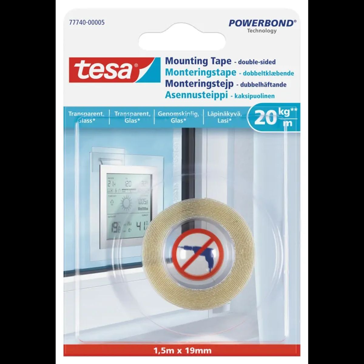 Tesa Monteringstape til transparente overflader og glas (20 kg/m), rulle