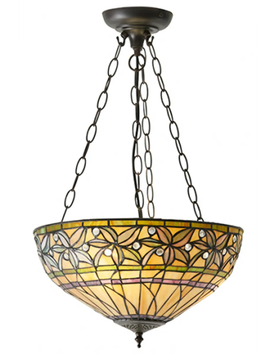 Tiffany Ashtead Loftlampe i stål og glas Ø41 cm 3 x E27 - Antik bronze/Multi