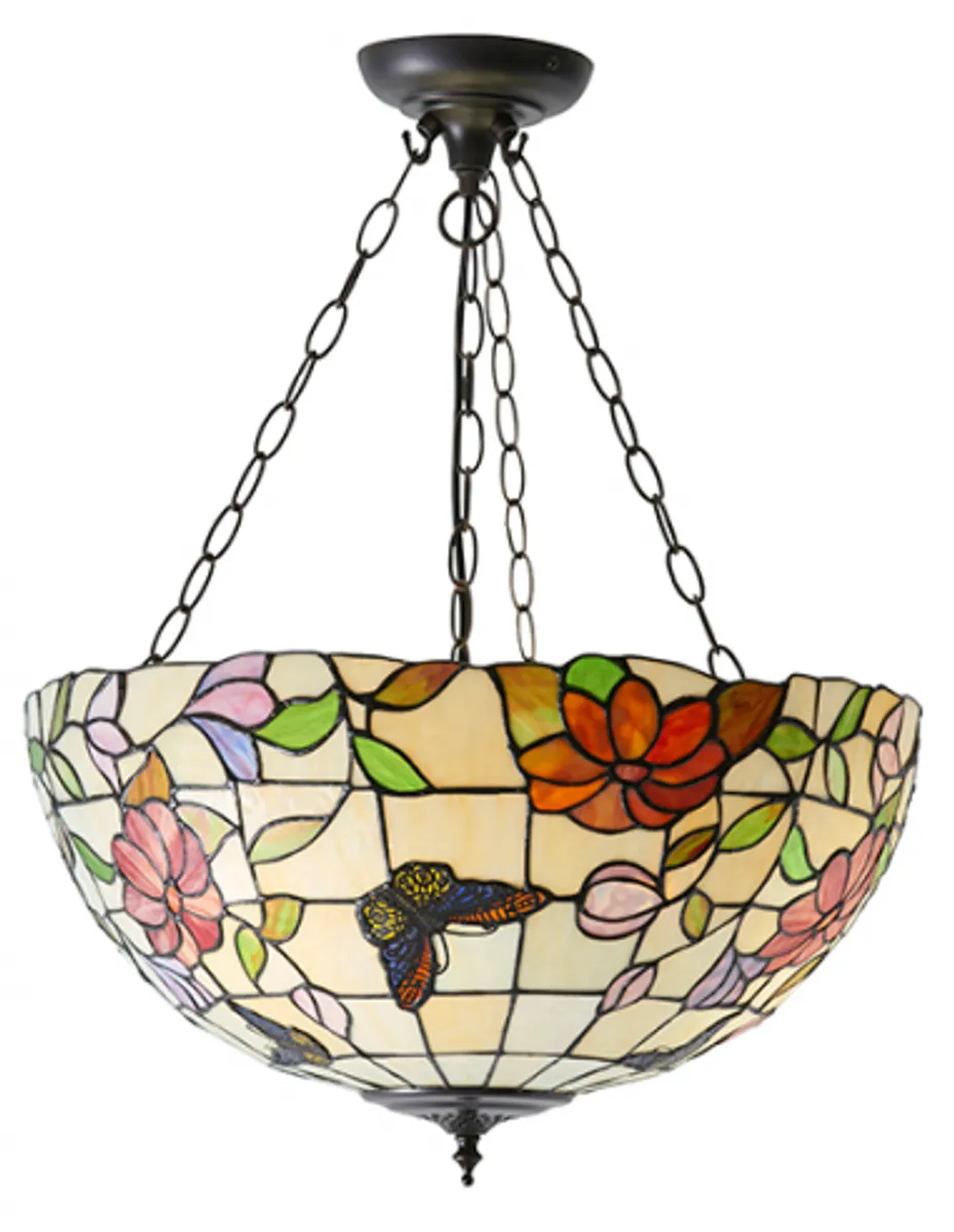 Tiffany Butterfly Loftlampe i stål og glas Ø50 cm 3 x E27 - Antik bronze/Multi