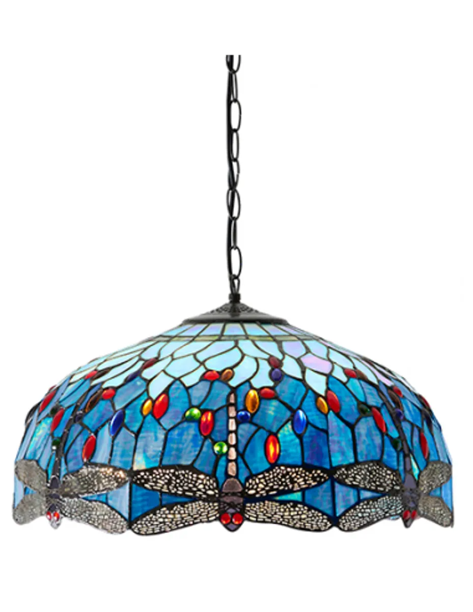 Tiffany Dragonfly Loftlampe i stål og glas Ø50 cm 3 x E27 - Antik bronze/Multi