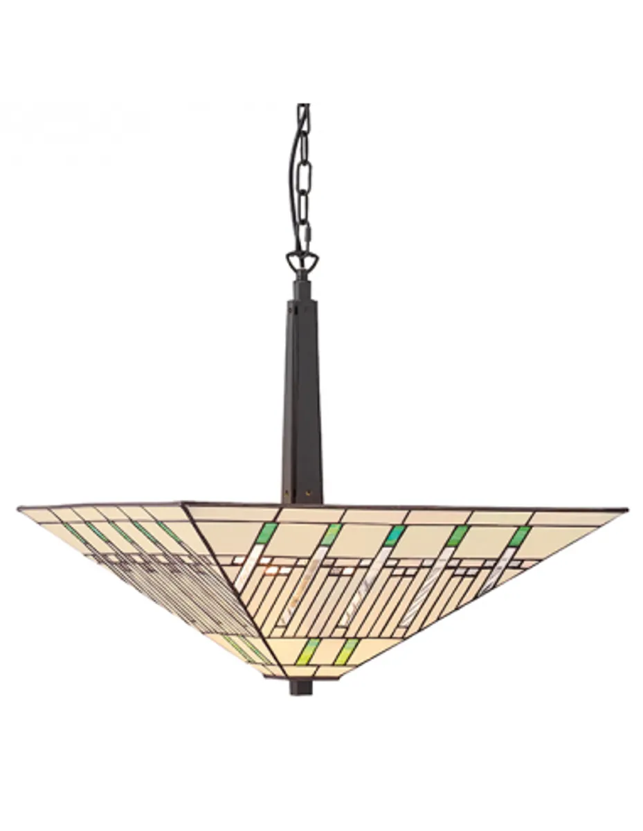 Tiffany Mission Loftlampe i stål og glas 50 x 50 cm 2 x E27 - Antik bronze/Multi