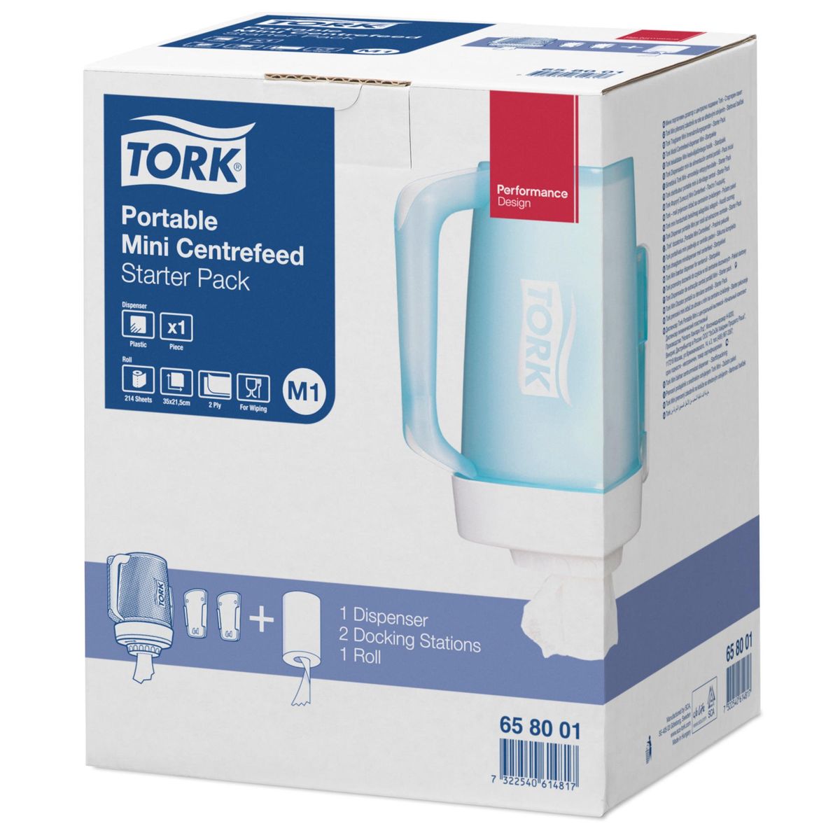 Tork M1 Turkis, transportabel dispenser til centerfeedruller, inkl. 1 rulle