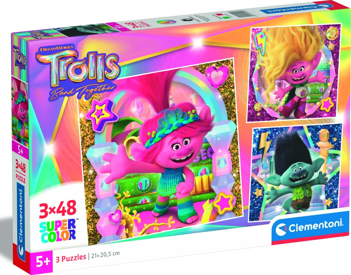 Trolls Puslespil - Trolls 3 Band Together - 3x48 Brikker - Clementoni