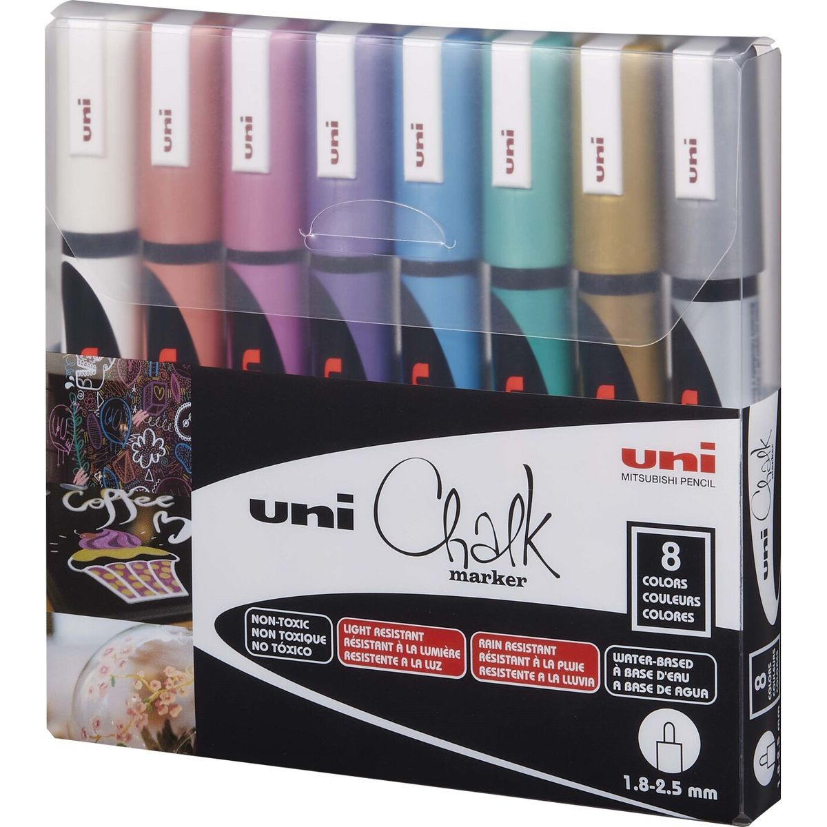 Uni - Chalk Markers - Tavle Tusser - Metallisk - 8 Farver