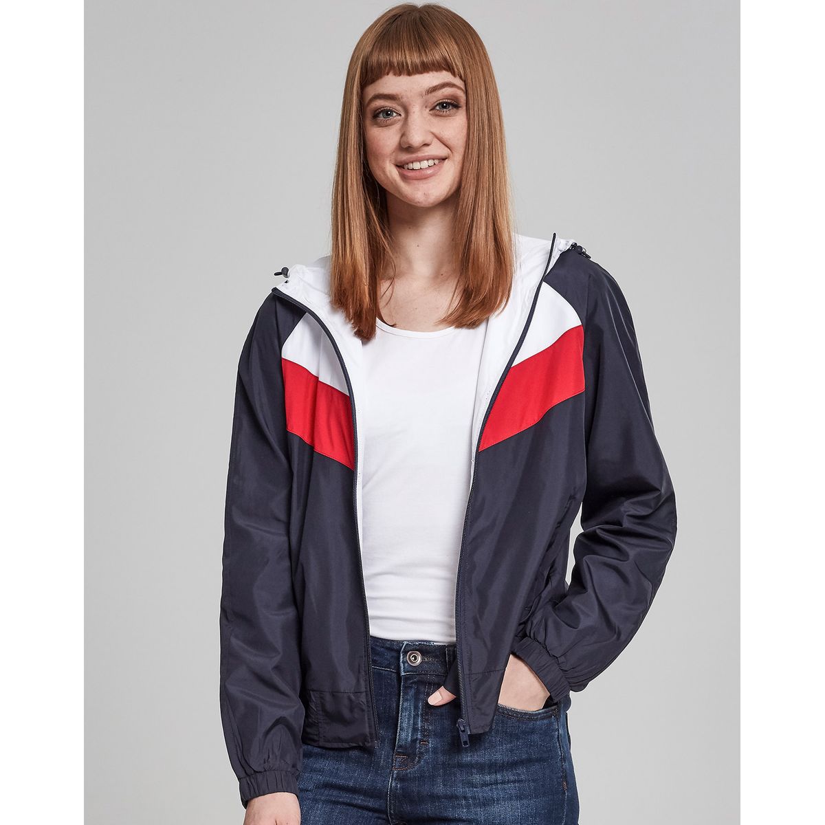 Urban Classics Dame 3-Tonet Windbreaker Navy/Hvid/Fire red