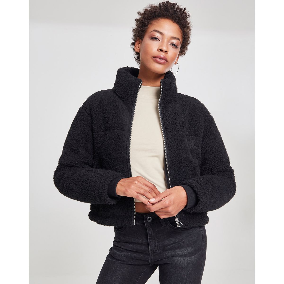 Urban Classics Dame Boxy Sherpa Puffer Jakke Sort