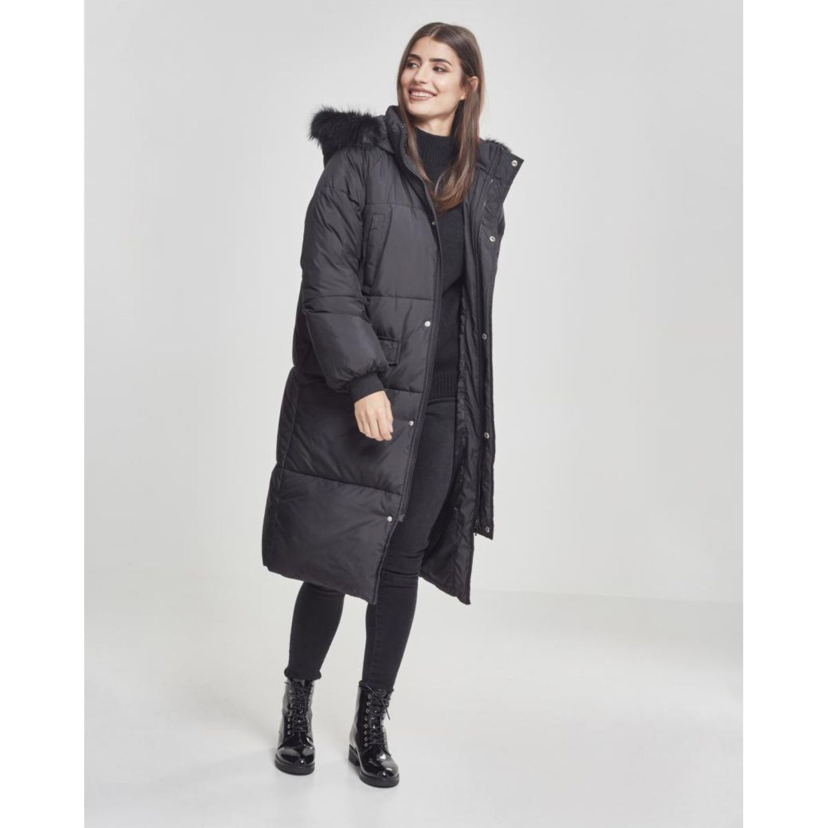 Urban Classics Dame Oversize Faux Fur Puffer Jakke Sort / Sort