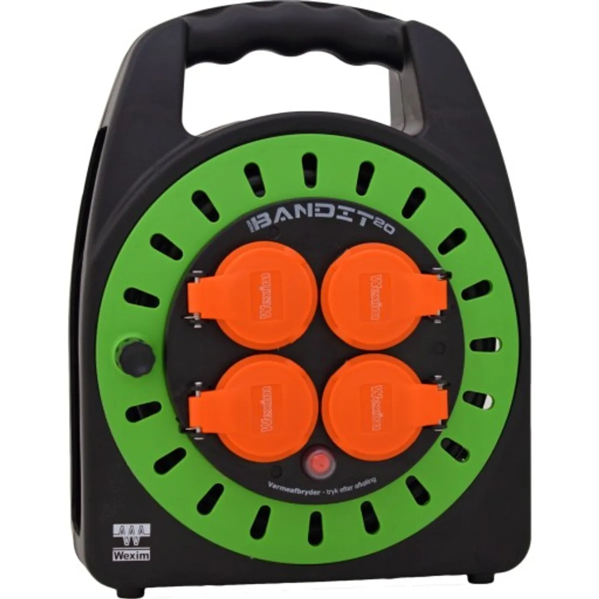 Wexim Bandit Kabeltromle med 4 udtag, 3x1,0 mm², 20 meter, Sort/grøn