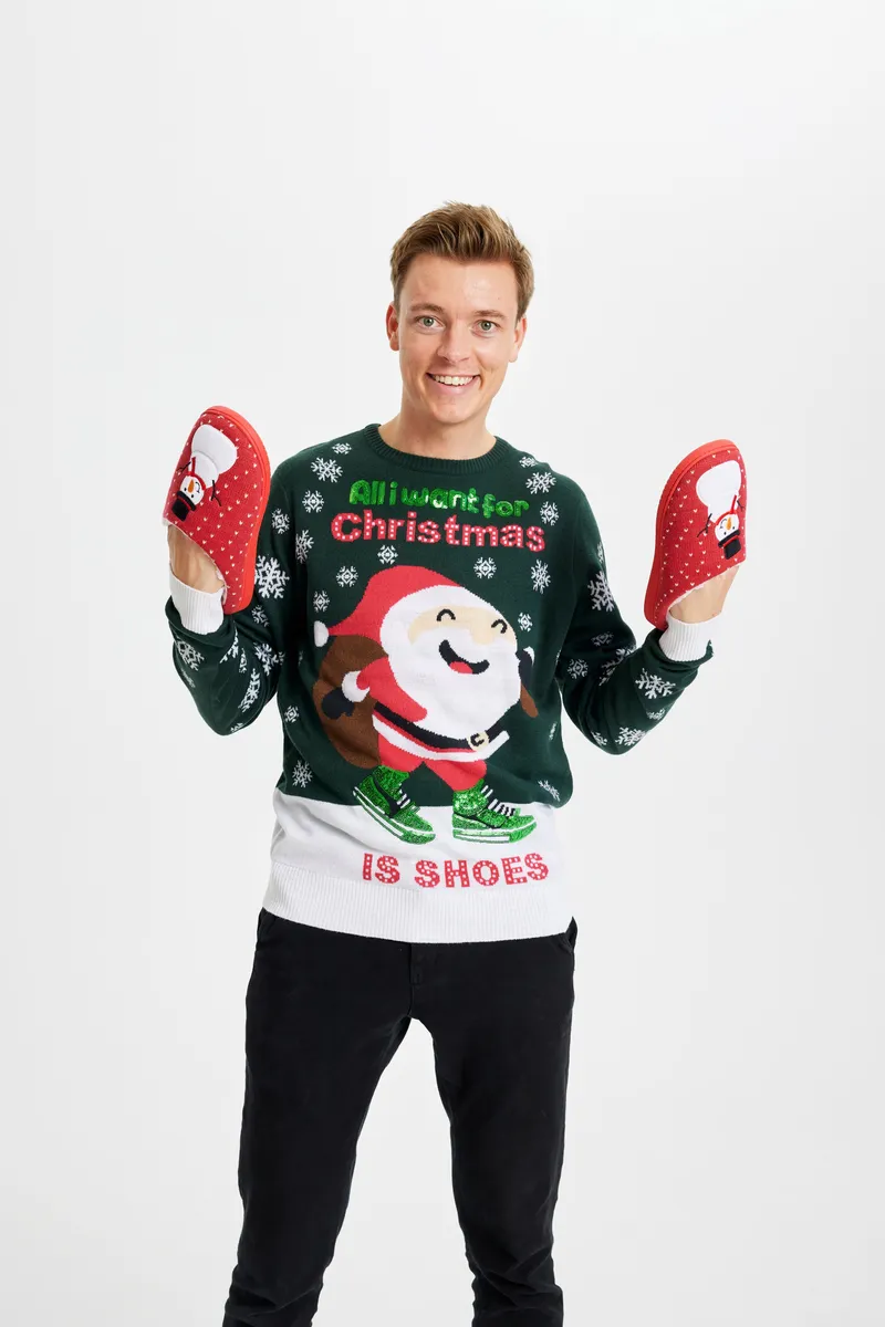 Årets julesweater: All I Want Is A Shoe - herre / mænd. Ugly Christmas Sweater lavet i Danmark