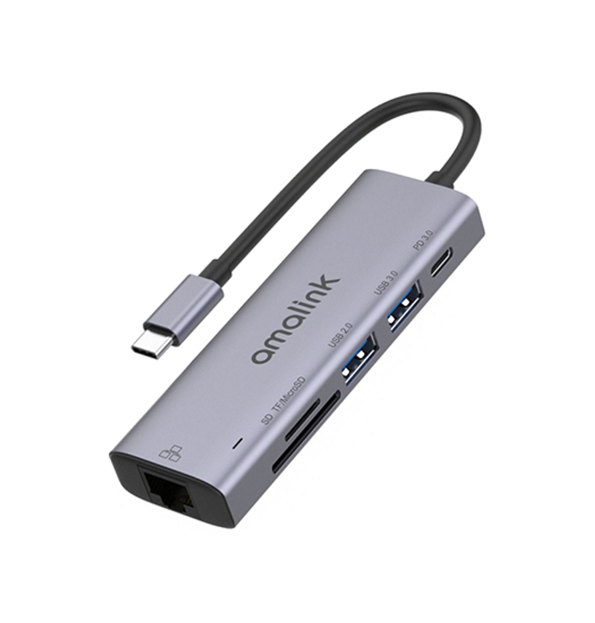 AMALINK&trade; | Multihub USB-C til 2xUSB-A / 1xUSB-C / SD/TF / Ethernet - Grå